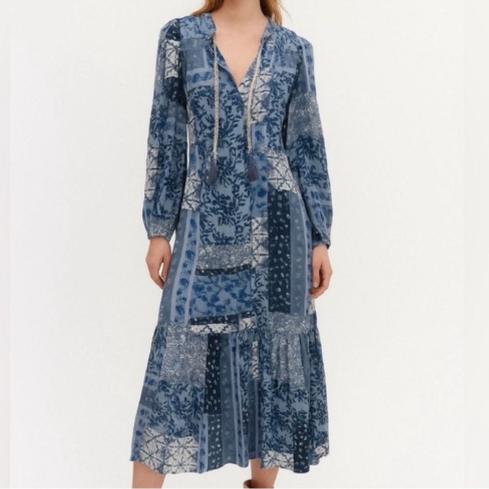 NWT FRYE Patchwork Blue Chambray Manor Combo Midi Length Boho Western Dress